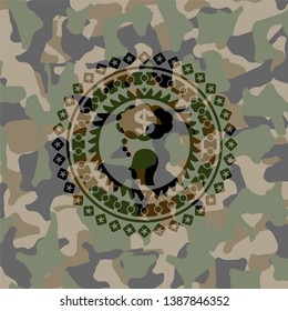thinking in money icon inside camo texture