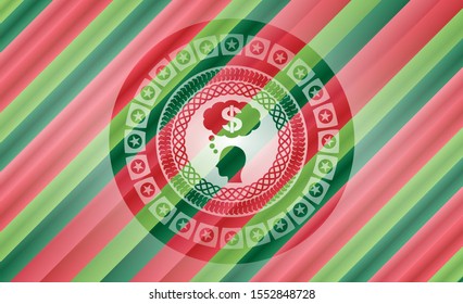 thinking in money icon inside christmas colors style badge.