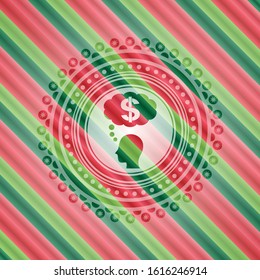 thinking in money icon inside christmas colors emblem.