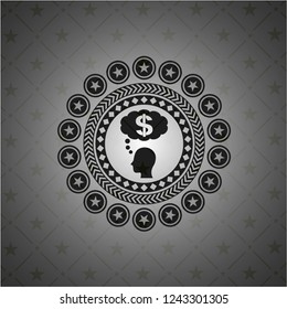 thinking in money icon inside dark emblem. Retro