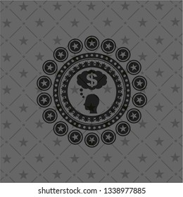thinking in money icon inside dark badge or emblem