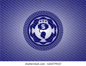 thinking in money icon inside denim background
