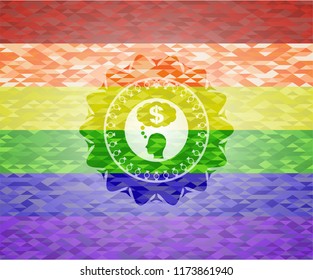 thinking in money icon inside emblem on mosaic background with the colors of the LGBT flag