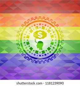 thinking in money icon inside emblem on mosaic background with the colors of the LGBT flag