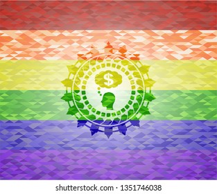 thinking in money icon inside emblem on mosaic background with the colors of the LGBT flag