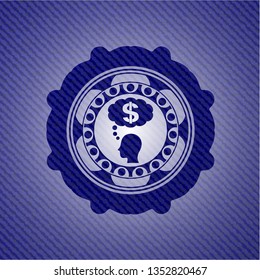 thinking in money icon inside emblem with jean texture