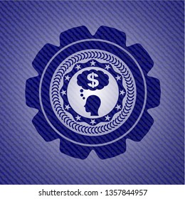 thinking in money icon inside emblem with jean background