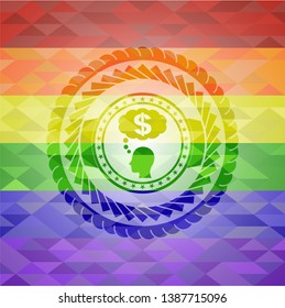 thinking in money icon inside emblem on mosaic background with the colors of the LGBT flag