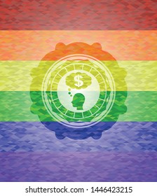 thinking in money icon inside emblem on mosaic background with the colors of the LGBT flag