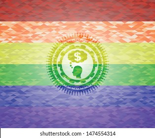 thinking in money icon inside emblem on mosaic background with the colors of the LGBT flag