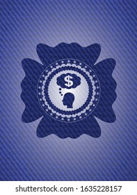 thinking in money icon inside emblem with denim high quality background