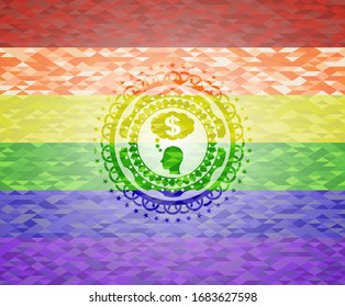 pensar en el icono del dinero dentro del emblema sobre fondo de mosaico con los colores de la bandera LGBT