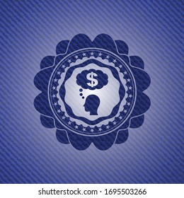 thinking in money icon inside emblem with jean texture