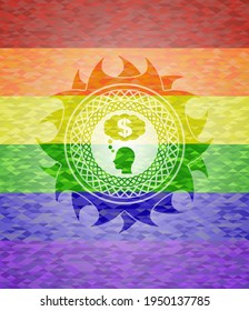 thinking in money icon inside emblem on mosaic background with the colors of the LGBT flag. 