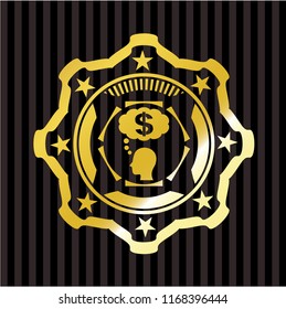 thinking in money icon inside gold badge or emblem
