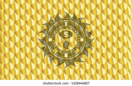 thinking in money icon inside gold emblem or badge. Scales pattern. Vector Illustration. Detailed.