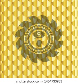 thinking in money icon inside gold shiny emblem. Scales pattern. Vector Illustration. Detailed.