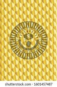 thinking in money icon inside gold badge. Scales pattern. Vector Illustration. Detailed.