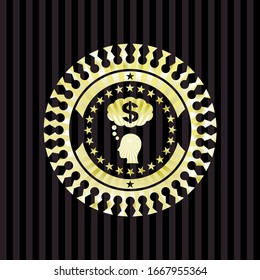 Pensando en el icono del dinero dentro de la insignia dorada brillante