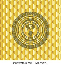 thinking in money icon inside gold badge or emblem. Scales pattern. Vector Illustration. Detailed. 