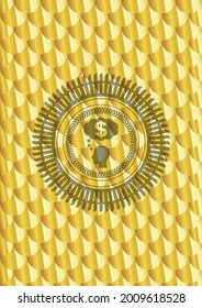 thinking in money icon inside gold badge. Scales pattern. Vector Illustration. Detailed. 
