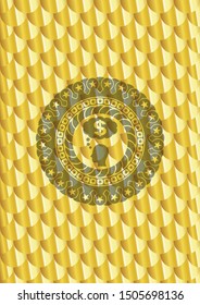 thinking in money icon inside golden badge. Scales pattern. Vector Illustration. Detailed.