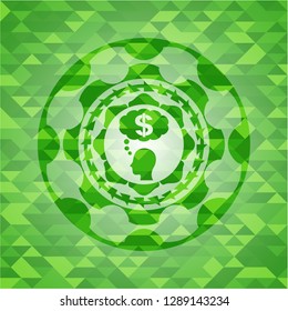 thinking in money icon inside green emblem with mosaic ecological style background