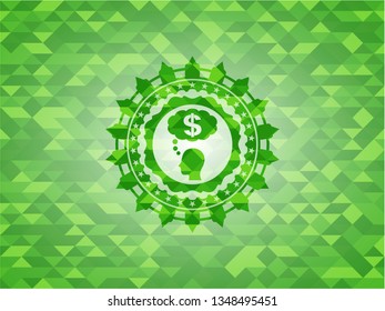 thinking in money icon inside green emblem with mosaic ecological style background