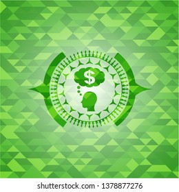 thinking in money icon inside green emblem. Mosaic background