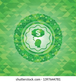thinking in money icon inside green emblem. Mosaic background