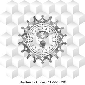 thinking in money icon inside grey badge with geometric cube white background