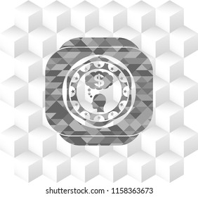 thinking in money icon inside grey badge with geometric cube white background