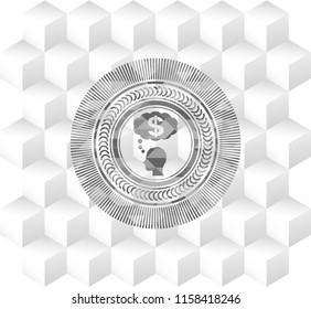 thinking in money icon inside grey emblem. Retro with geometric cube white background