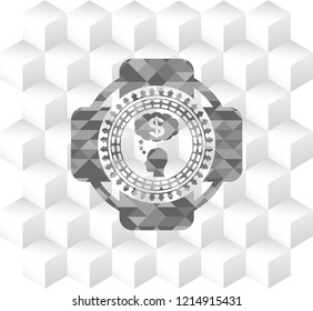 thinking in money icon inside grey emblem with geometric cube white background