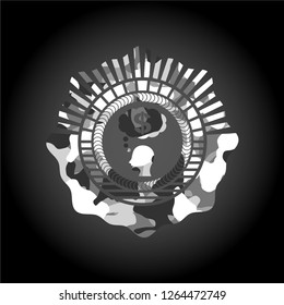 thinking in money icon inside grey camo emblem