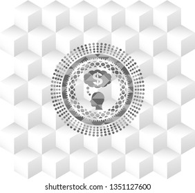 thinking in money icon inside grey icon or emblem with geometric cube white background
