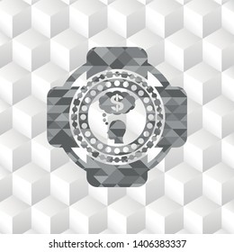 thinking in money icon inside grey emblem with geometric cube white background