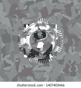 thinking in money icon inside grey camo texture