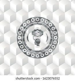 thinking in money icon inside grey badge with geometric cube white background