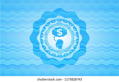 thinking in money icon inside light blue water wave style emblem.