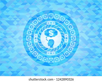 thinking in money icon inside light blue emblem with mosaic background