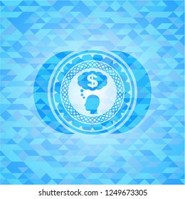 thinking in money icon inside light blue emblem. Mosaic background