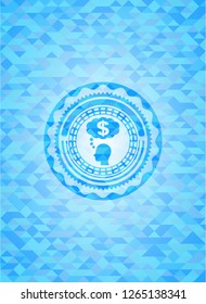 thinking in money icon inside light blue mosaic emblem