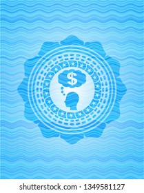thinking in money icon inside light blue water wave style emblem.