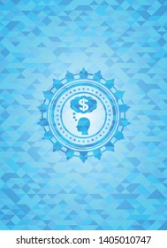 thinking in money icon inside light blue emblem. Mosaic background