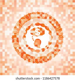 thinking in money icon inside orange mosaic emblem with background