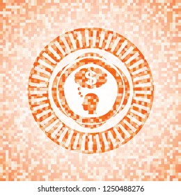 thinking in money icon inside orange mosaic emblem with background