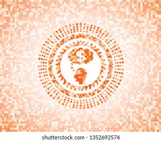 thinking in money icon inside orange tile background illustration. Square geometric mosaic seamless pattern with emblem inside.