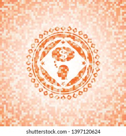 thinking in money icon inside orange tile background illustration. Square geometric mosaic seamless pattern with emblem inside.