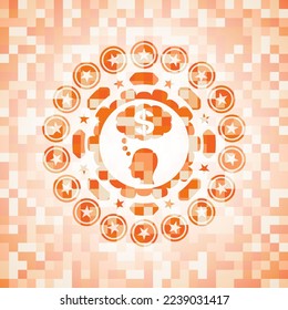thinking in money icon inside orange mosaic emblem. 